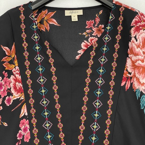 Style & Co Womens Blouse Top Plus Size Black Floral Long Sleeve Crochet Paisley - Picture 3 of 7